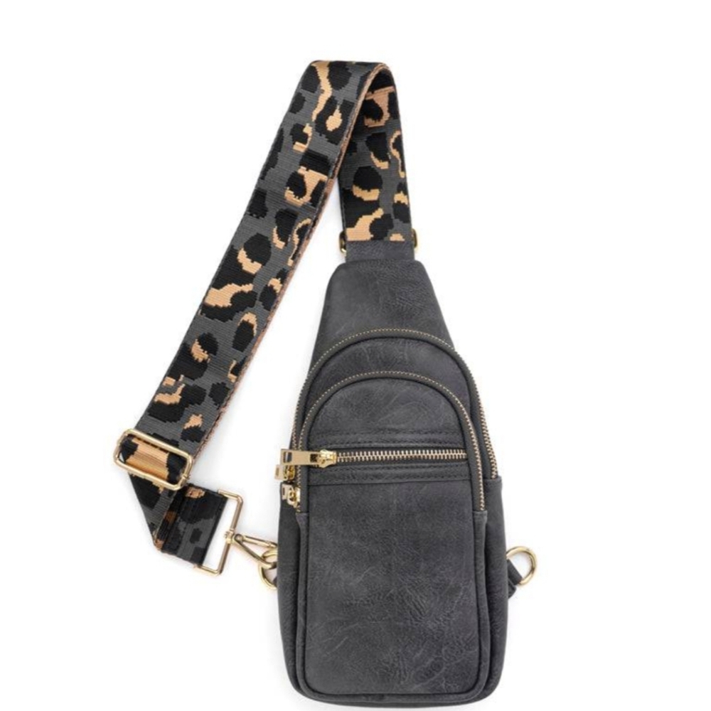 Stylish Black Sling Bag with Leopard Strap